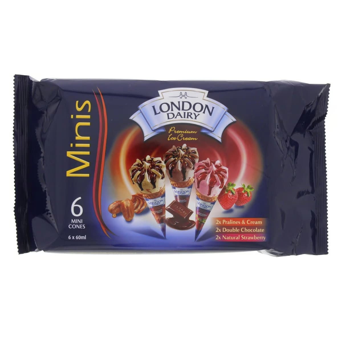 London Dairy Mini Cones Choc Strawberry 6 x 60 mL