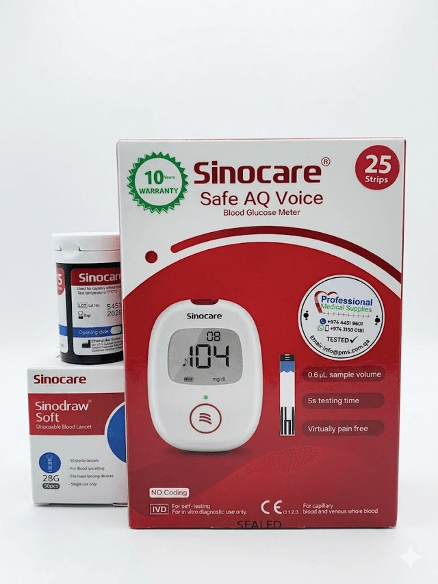 Sinocare Safe Aq Voice Glucometer+25Stps+Ld+50Lct