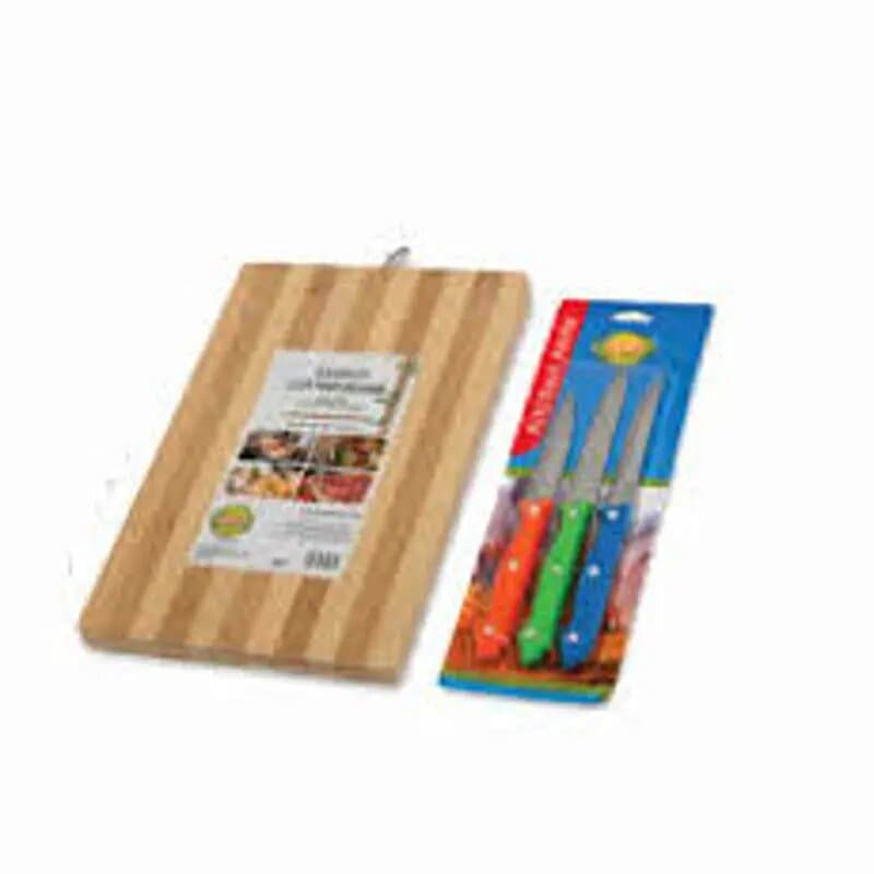 Gitco Wooden Cutting Board + Knife 3 Pc Set